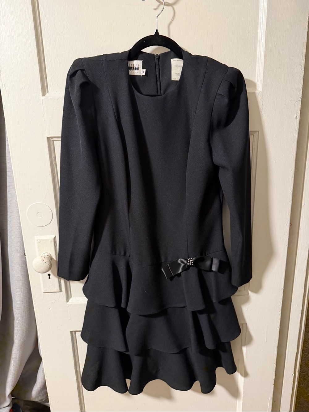 Vintage 80s Leslie Fay Black Peplum Dress Tiered Skirt Bow Petite 4 Retro Glam